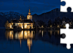 Oświetlony, Zamek Ort, Noc, Most, Jezioro Traunsee, Gmunden, Austria