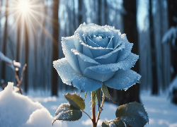 Róża, Szron, Zima, Promienie słońca, Grafika AI