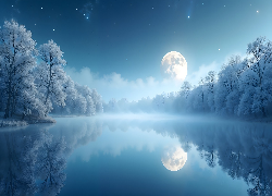 Jezioro, Ośnieżone, Drzewa, Księżyc