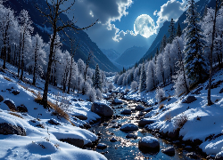 Zima, Rzeka, Góry, Księżyc, Oszronione, Drzewa, Kamienie