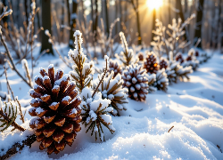 Zima, Las, Promienie słońca, Gałązki, Szyszki, Śnieg, Rośliny