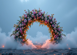 Kwiaty, Łuk, Różowe, Róże, Mgła, Piasek, Grafika