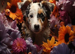 Pies, Szczeniak, Kwiaty, 2D, Owczarek australijski-australian shepherd