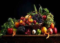 Warzywa, Owoce, Kosz, Jabłka, Winogrona, Awokado, Pomidory, Papryka, Marchew, Cebula, Cukinia, Brokuły, Czarne, Tło