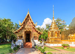 Świątynia, Wat Phra Singh Woramahawihan, Pagoda, Drzewa, Niebo, Chiang Mai, Tajlandia