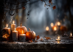 Świece, Dynie, Pajęczyny, Halloween, Grafika AI