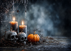 Czaszki, Świece, Dynia, Pajęczyny, Halloween, Grafika AI