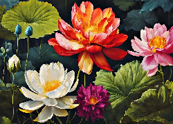 Kolorowe, Kwiaty, Lilie wodne, Liście, Pąki, Grafika
