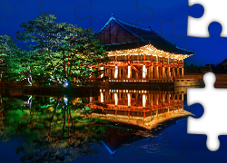 Pałac Gyeongbokgung, Noc, Drzewa, Staw, Odbicie, Seul, Korea Południowa
