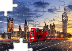 Wielka Brytania, Londyn, Pałac Westminsterski, Big Ben, Czerwony, Piętrowy, Autobus, Droga