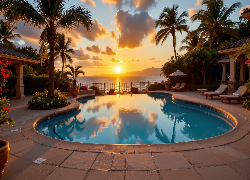 Basen, Palmy, Morze, Zachód słońca, Grafika AI