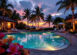 Basen, Palmy, Zachód słońca, Grafika AI