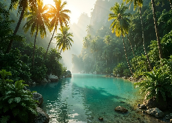 Rzeka, Las, Roślinność, Palmy, AI