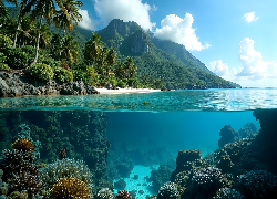 Morze, Plaża, Góry, Palmy, Skały, Rafa koralowa, AI