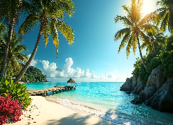 Morze, Plaża, Palmy, Skały, Roślinność, Pomost, AI