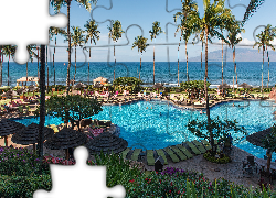 Morze, Basen, Palmy, Parasole, Rośliny, Hotel, Hyatt Regency Maui Resort and Spa, Maui, Hawaje, Stany Zjednoczone