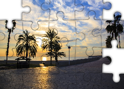 Palmy, Promenada, Wschód słońca, Morze Śródziemne, Malaga, Hiszpania
