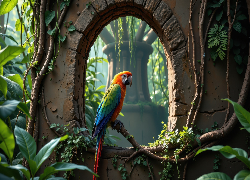 Papuga, Ara, Betonowa, Ściana, Rośliny