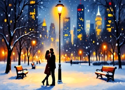 Zima, Oświetlony, Park, Śnieg, Alejka, Kobieta, Mężczyzna, Pocałunek, Ławki, Latarnie, Wieżowce, Miłosne