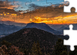 Wschód słońca, Chmury, Góry, Park Narodowy Gór Skalistych, Kolorado, Stany Zjednoczone