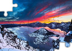 Stany Zjednoczone, Stan Oregon, Jezioro Kraterowe, Wyspa Czarodzieja, Zachód słońca, Zima