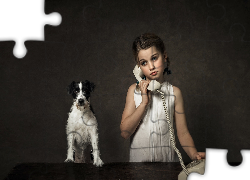 Dziewczynka, Telefon, Pies, Parson Russell terrier