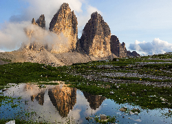 Włochy, Góry, Tre Cime di Lavaredo, Trzy szczyty, Woda, Odbicie