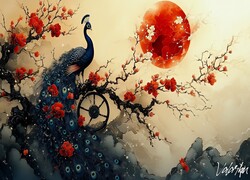 Fantasy, Paw, Kwitnące, Drzewo, Czerwone, Kwiaty, Czerwone, Słońce