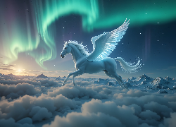 Fantasy, Koń, Biały, Skrzydła, Pegaz, Zorza polarna, Chmury