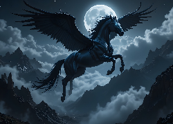 Koń, Pegaz, Skrzydła, Księżyc, Niebo, Góry, Fantasy