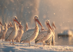 Pelikany, Zima, Śnieg, Grafika AI