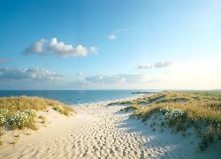 Plaża, Morze, Błękitne, Niebo, Chmury