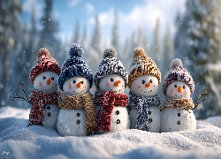 Bałwany, Czapki, Szaliki, Zima, Grafika AI