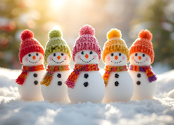 Zima, Bałwanki, Kolorowe, Czapki, Szaliki