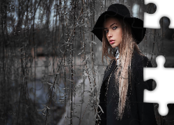 Blondynka, Modelka, Makijaż, Kapelusz, Drzewa