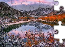 Jesień, Góry, Drzewa, Rośliny, Wschód słońca, Chmury, Jezioro, North Lake, Eastern Sierra, Kalifornia, Stany Zjednoczone