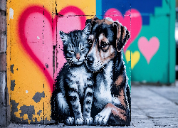 Street Art, Kot, Pies, Serce, Mural, Grafika, AI