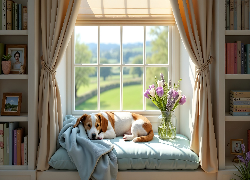 Okno, Pies, Leżący, Bukiet, Kwiatów, Regał, Książki, Grafika AI