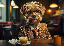 Pies, Ubranie, Marynarka, Krawat, Okulary, Kawa, Grafika