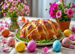 Chleb, Talerz, Kolorowe, Pisanki, Kwiaty, Wielkanoc