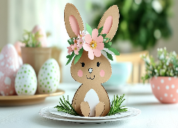Wielkanoc, Pisanki, Zajączek, Talerze, Kwiaty