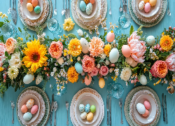 Wielkanoc, Stół, Kwiaty, Pisanki, Talerze