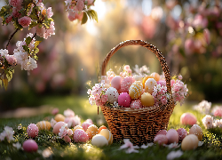 Wielkanoc, Koszyk, Jajka, Pisanki, Kwiaty, Drzewo owocowe, Grafika AI
