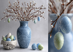 Wielkanoc, Niebieski, Wazon, Bazie, Pisanki, Koszyk, Grafika AI