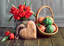 Święta, Wielkanoc, Koszyk, Pisanki, Serce, Czerwone, Tulipany