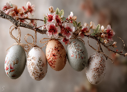 Kolorowe, Pisanki, Gałązki, Kwiaty, Wielkanoc, Grafika AI