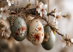 Pisanki, Gałązka, Białe, Kwiaty, Styl, Rustykalny, Wielkanoc, Grafika AI