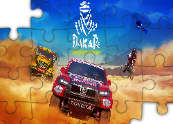 Gra, Dakar Desert Rally, Samochody, Iveco, Toyota, Motocykl, Helikopter, Pustynia, Plakat