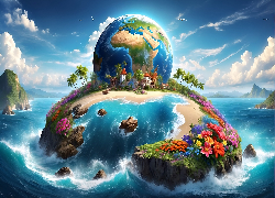 Grafika, Planeta, Ziemia, Morze, Wyspa, Kwiaty, Palmy