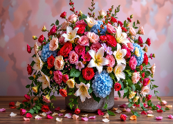 Bukiet, Kolorowe, Kwiaty, Doniczka, Płatki